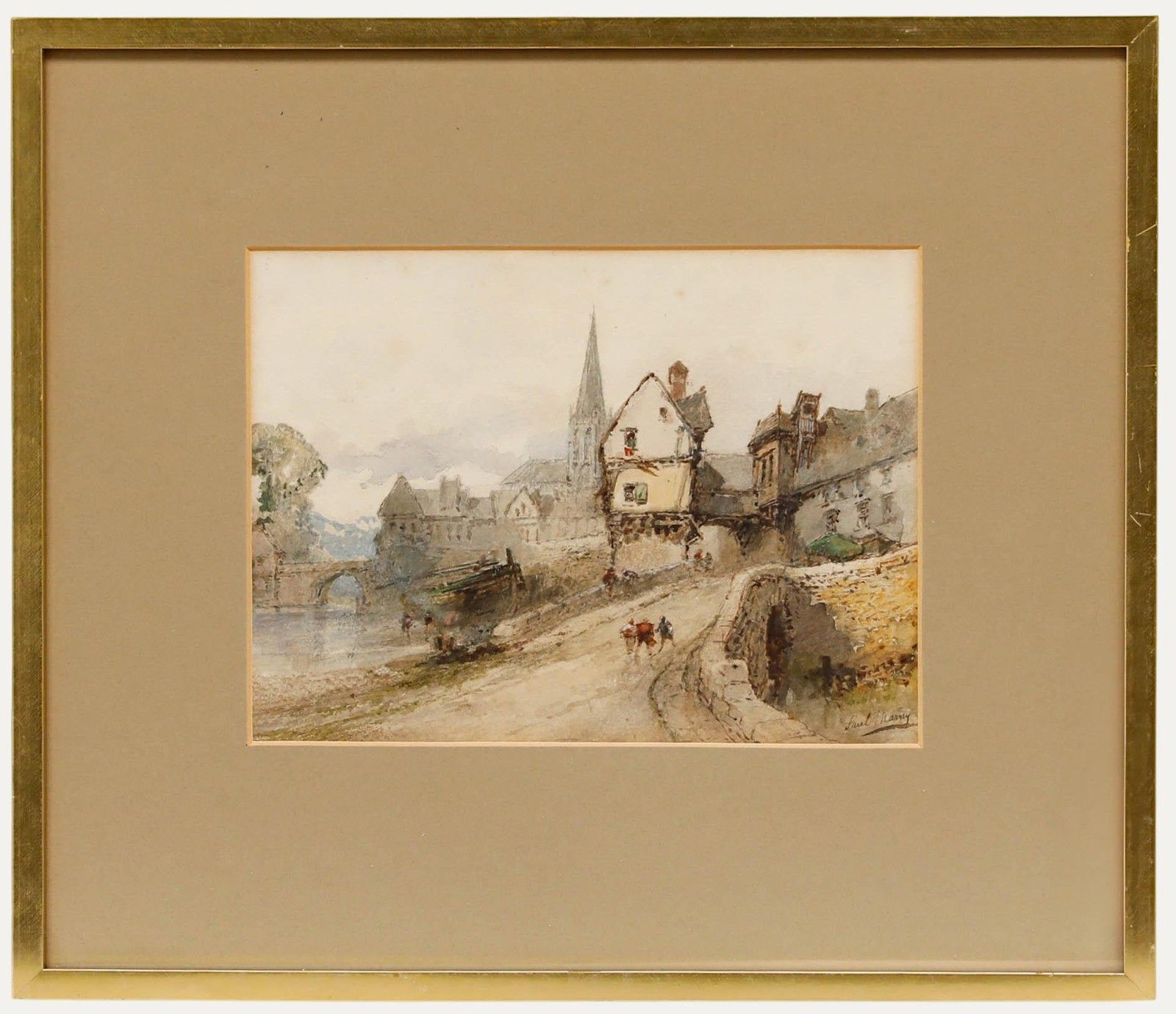 Paul Marny (1829 1914) Framed Watercolour, Riverside Town