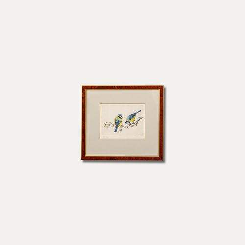 Walter Lishman (1900 1986) Framed Mid 20th Century Etching, Blue Tits photo vintage