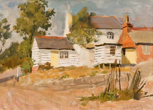 Alan Stenhouse Gourley (1909 1991) Oil, Clapboard House With The Yellow Door photo furniture