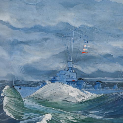 French School  1943 Gouache Torpedo Boat In The Storm photo Art