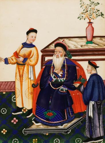 Chinese School 19th Century Gouache Serving Elders photo furniture
