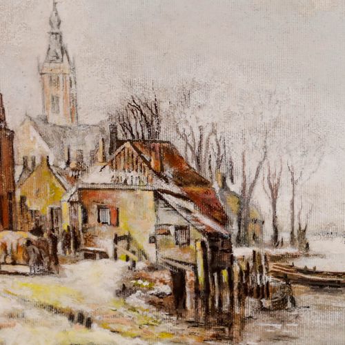 Adrie Van Bruggen Framed 20th Century Oil, Dutch Town In Winter photo Art