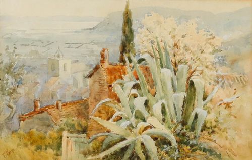 F. Gaye Framed Early 20th Century Watercolour, Coastal View With Aloe Vera photo furniture
