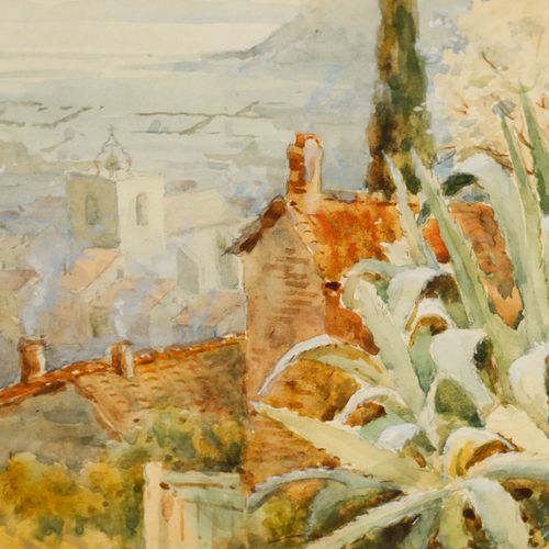 F. Gaye Framed Early 20th Century Watercolour, Coastal View With Aloe Vera photo Art