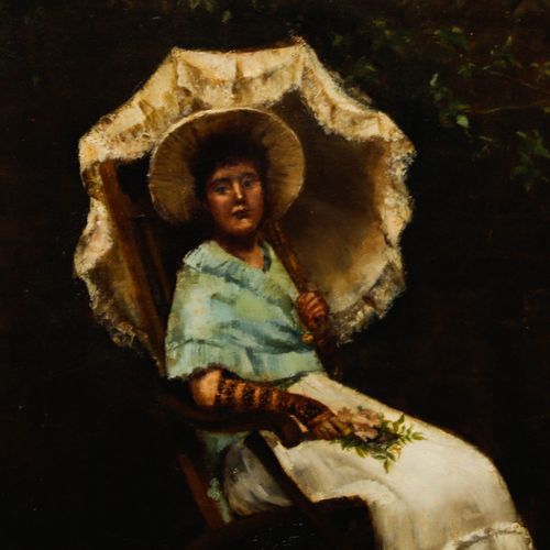 Framed Late 19th Century Oil Lady Under The Parasol photo Art