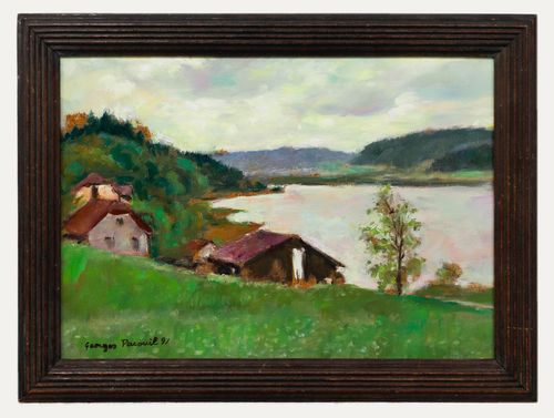 Georges Pacouil (1903 1996) Framed 20th Century Oil, Lakeside Cabin