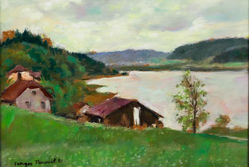 Georges Pacouil (1903 1996) Framed 20th Century Oil, Lakeside Cabin photo furniture