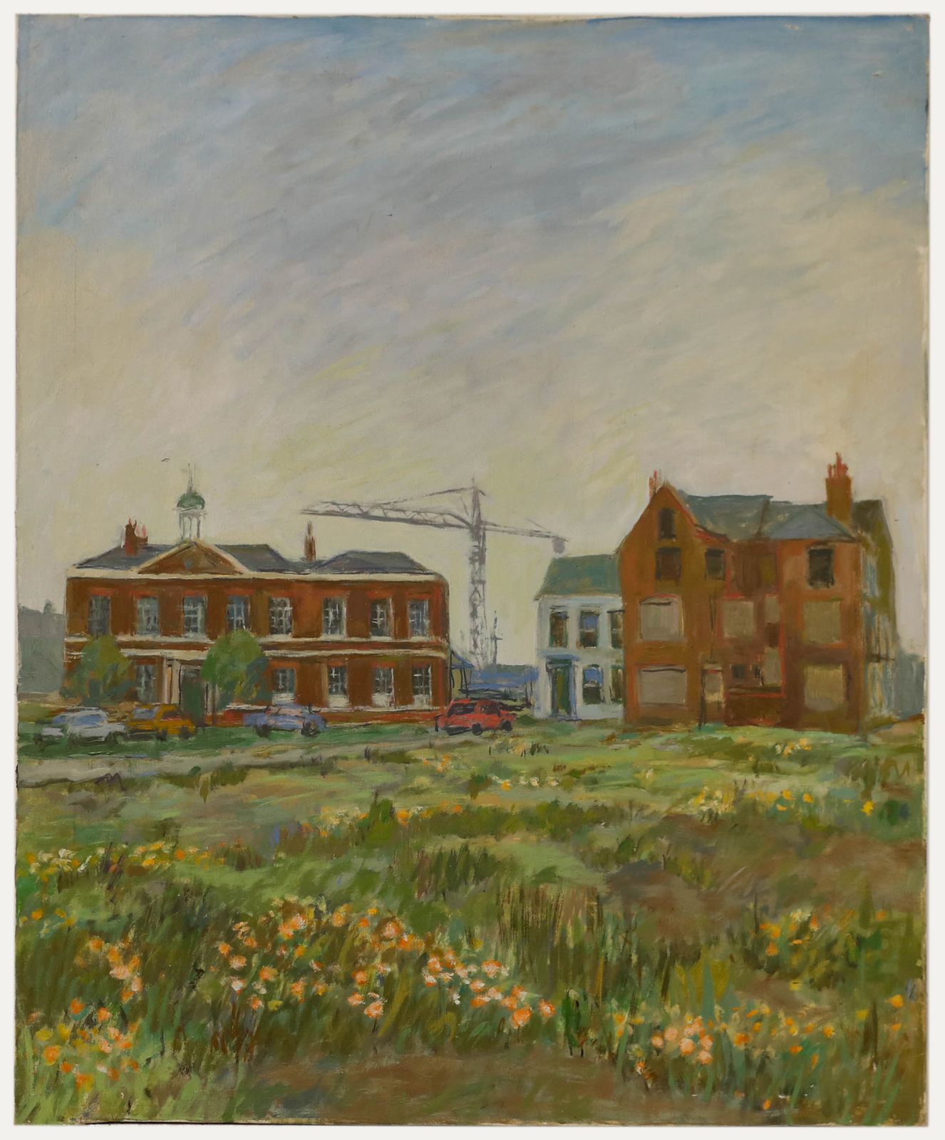 Simon Goldberg (1916 2002) 20th Century Oil, Houses And A Crane