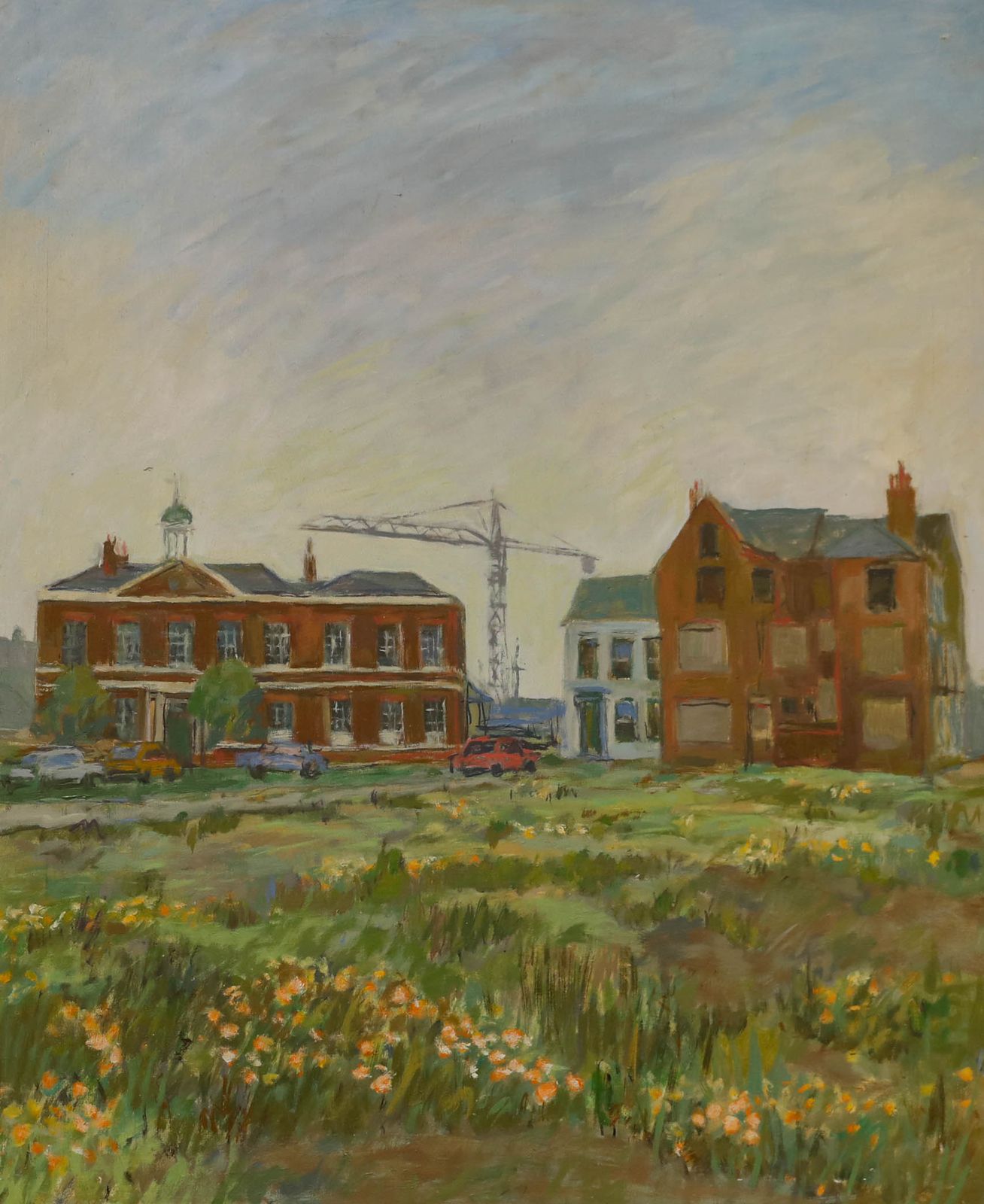 Simon Goldberg (1916 2002) 20th Century Oil, Houses And A Crane photo furniture