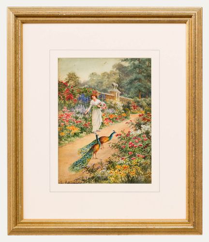Ellen Edwards  19th Century Watercolour, Peacocks In The Walled Garden
