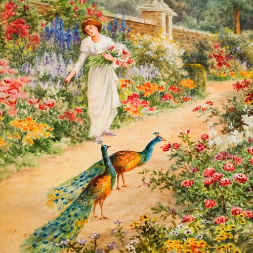 Ellen Edwards  19th Century Watercolour, Peacocks In The Walled Garden photo Art