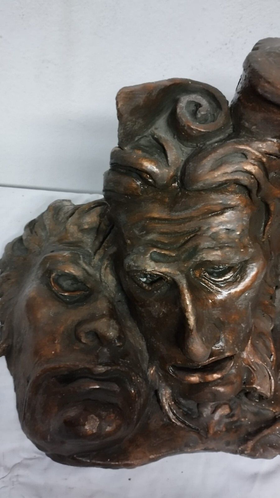 Large Terracotta Sculpture Painted Bronze 50s 2 Faces Flower Pot photo vintage