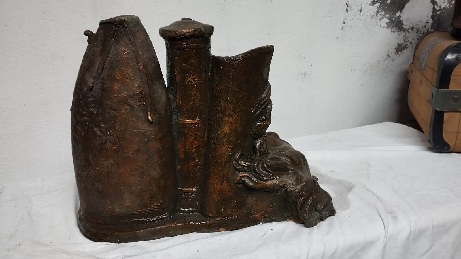 Art Large Terracotta Sculpture Painted Bronze 50s 2 Faces Flower Pot photo
