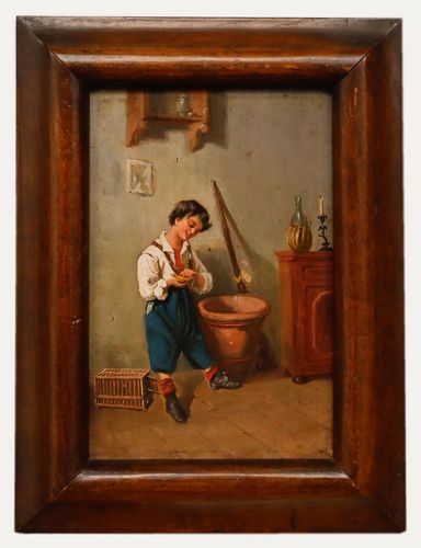 Italian School Late 19th Century Oil Boy And Budgerigar