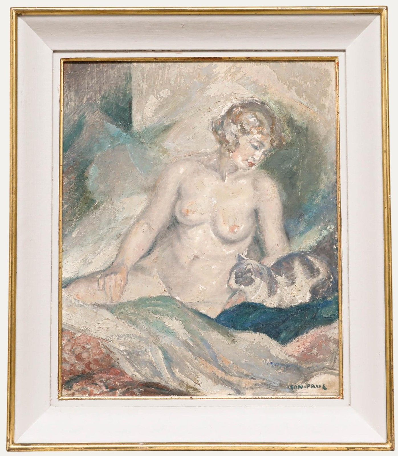 Leon Eugene Paul (1889 1953) Early 20th Century Oil, Female Nude With A Cat