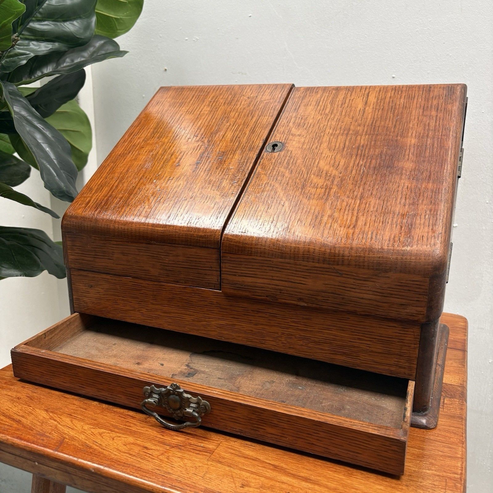Compact Victorian Oak Stationery Letter Writing Box Organiser photo for sale