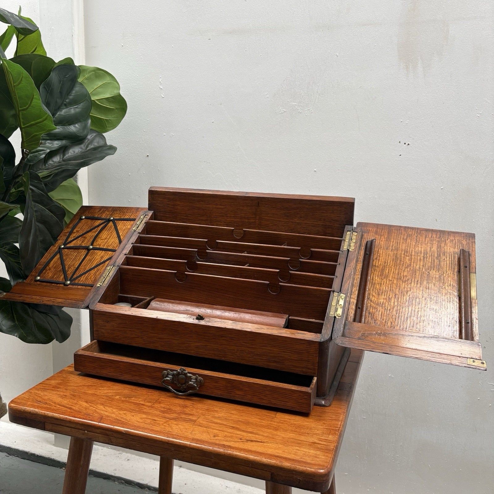 375.0 Compact Victorian Oak Stationery Letter Writing Box Organiser photo