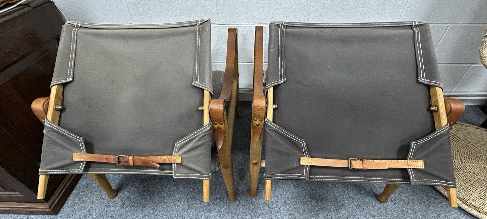 photo for sale Pair Original Safari Chairs Kaare Klint Grey Canvas Ash Frame Danish Mid Century