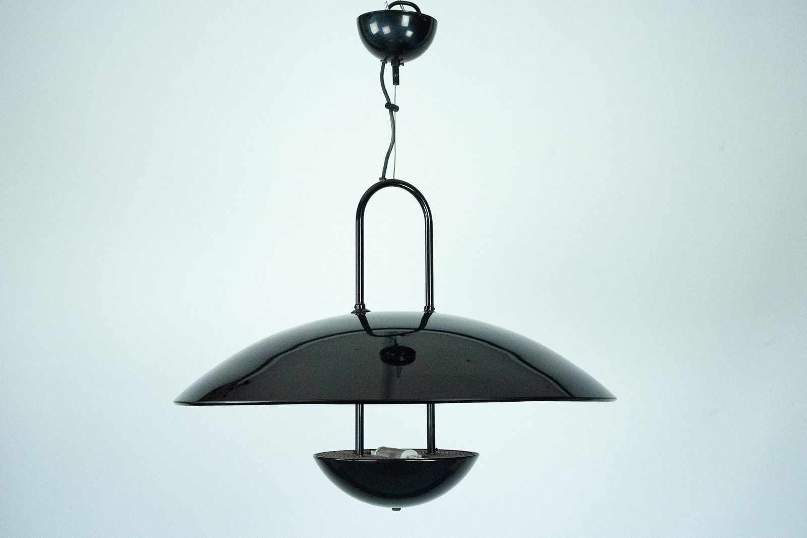 Vintage 1990s Black Pendant Lamp With Glass Top Shade. Italy