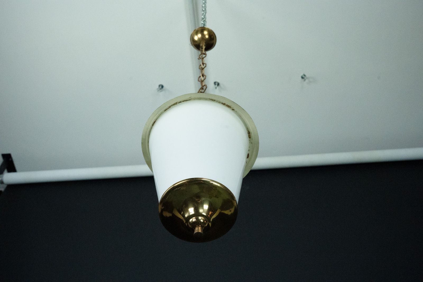 Mid Century Pendant Lantern In Brass And Lattimo Murano Glass, Italy, 1950s. photo for sale
