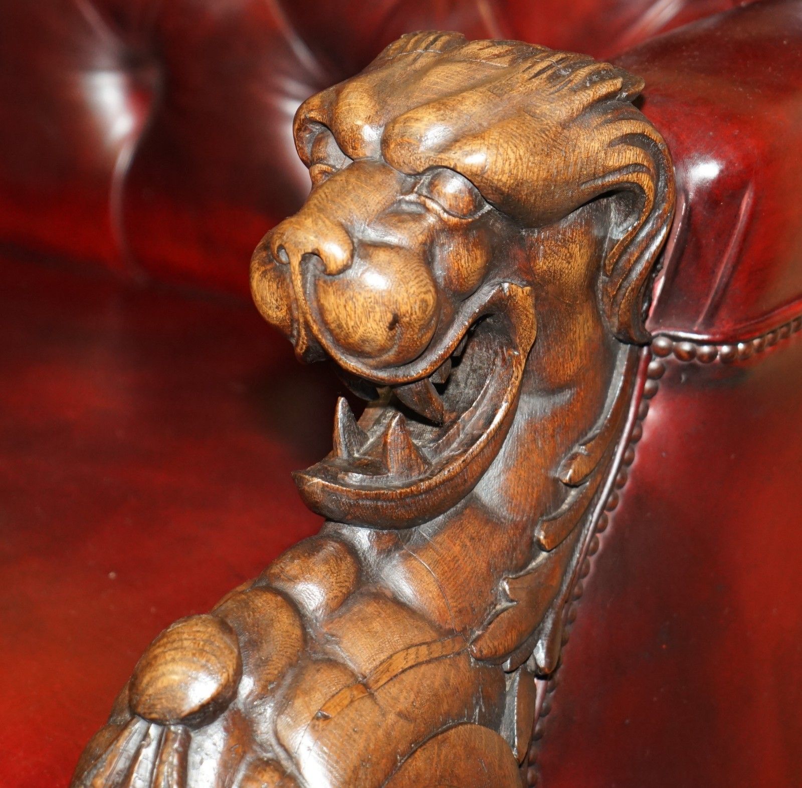 photo for sale Rare Lion' Head Hand Carved Antique Victorian Chesterfield Oxblood Leather Sofa