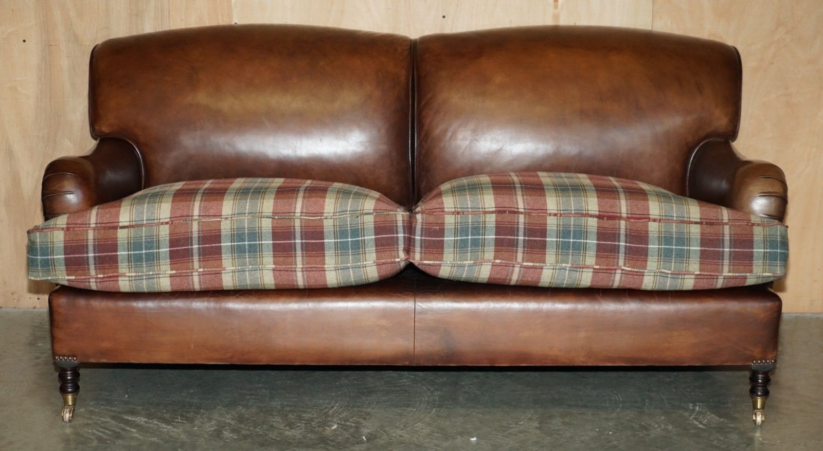 Fine George Smith Howard Brown Leather Signature Scroll Arm Sofa Tartan Cushions photo for sale