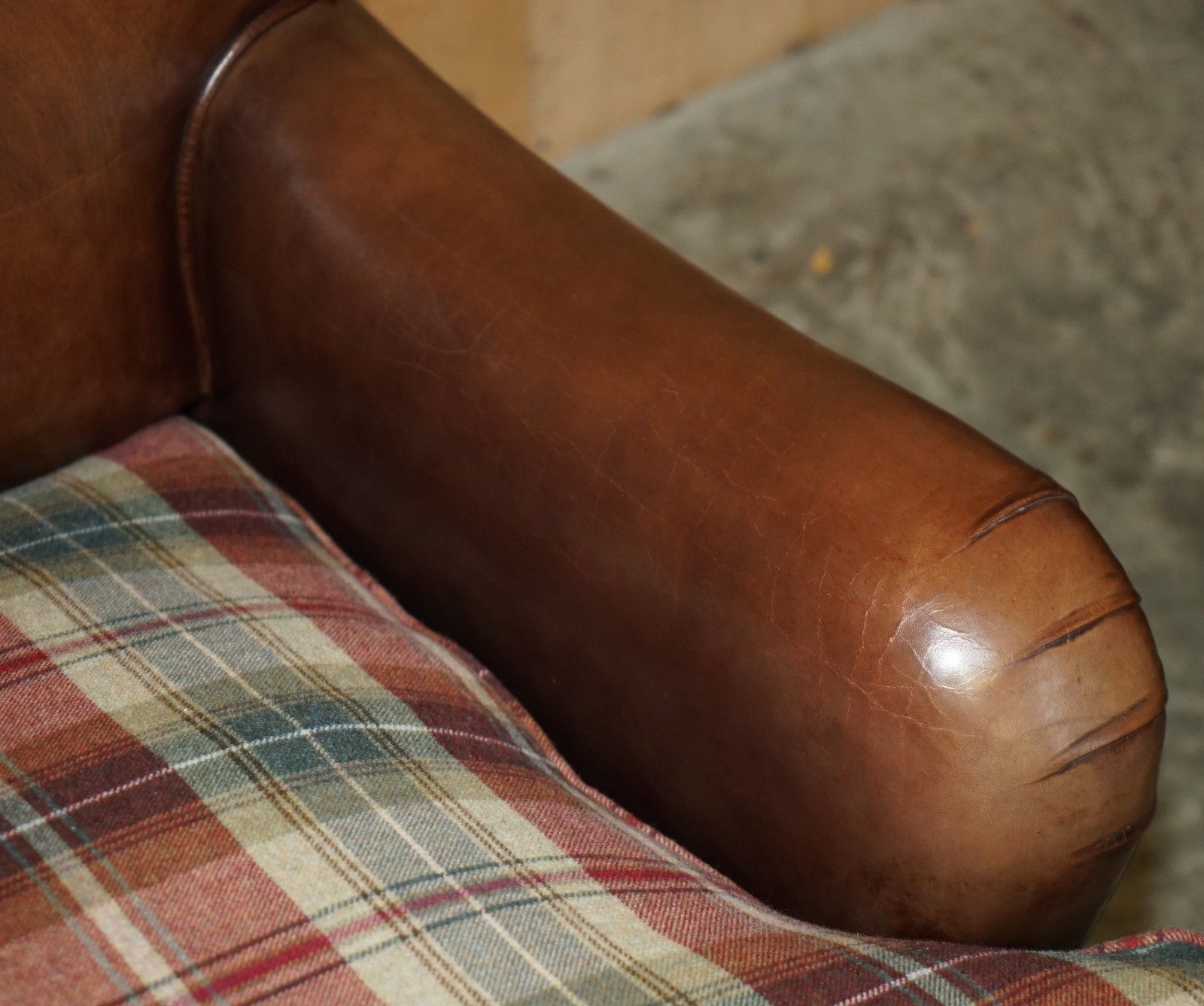 photo for sale Fine George Smith Howard Brown Leather Signature Scroll Arm Sofa Tartan Cushions