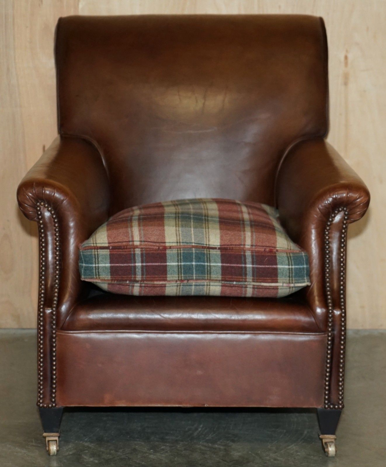 Pair Of George Smith Brown Leather Signature Scroll Tartan Cushions Armchairs photo Furniture