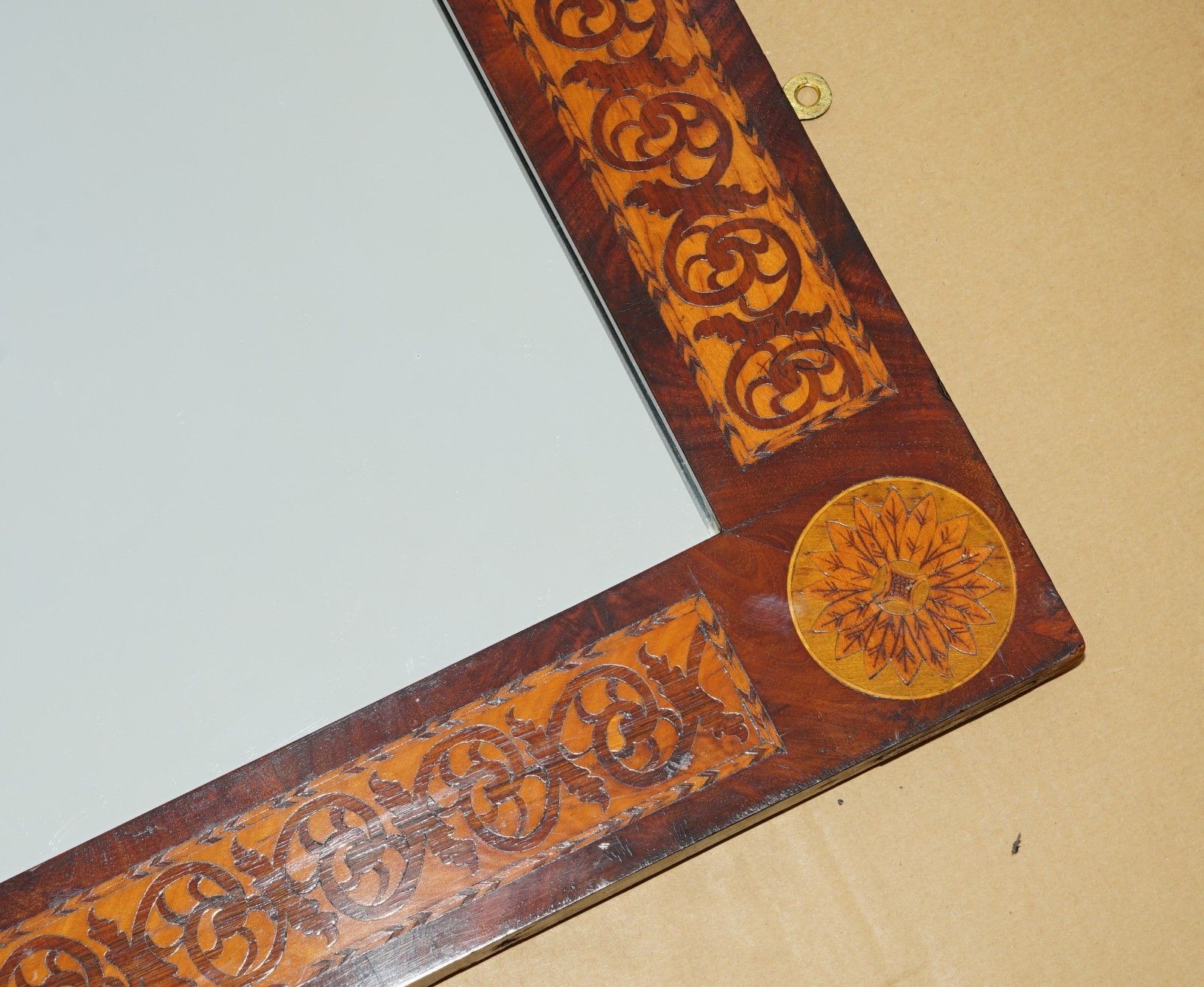 Ornately Decorated Antique Dutch Marquetry Inlay Wall Mirror Sublime Detailings photo vinterior