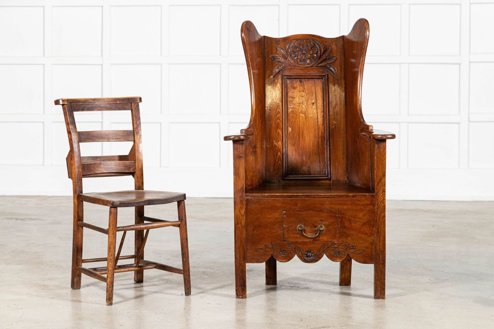 Early 18thc Oak & Pine Carved Lambing Chair photo Furniture