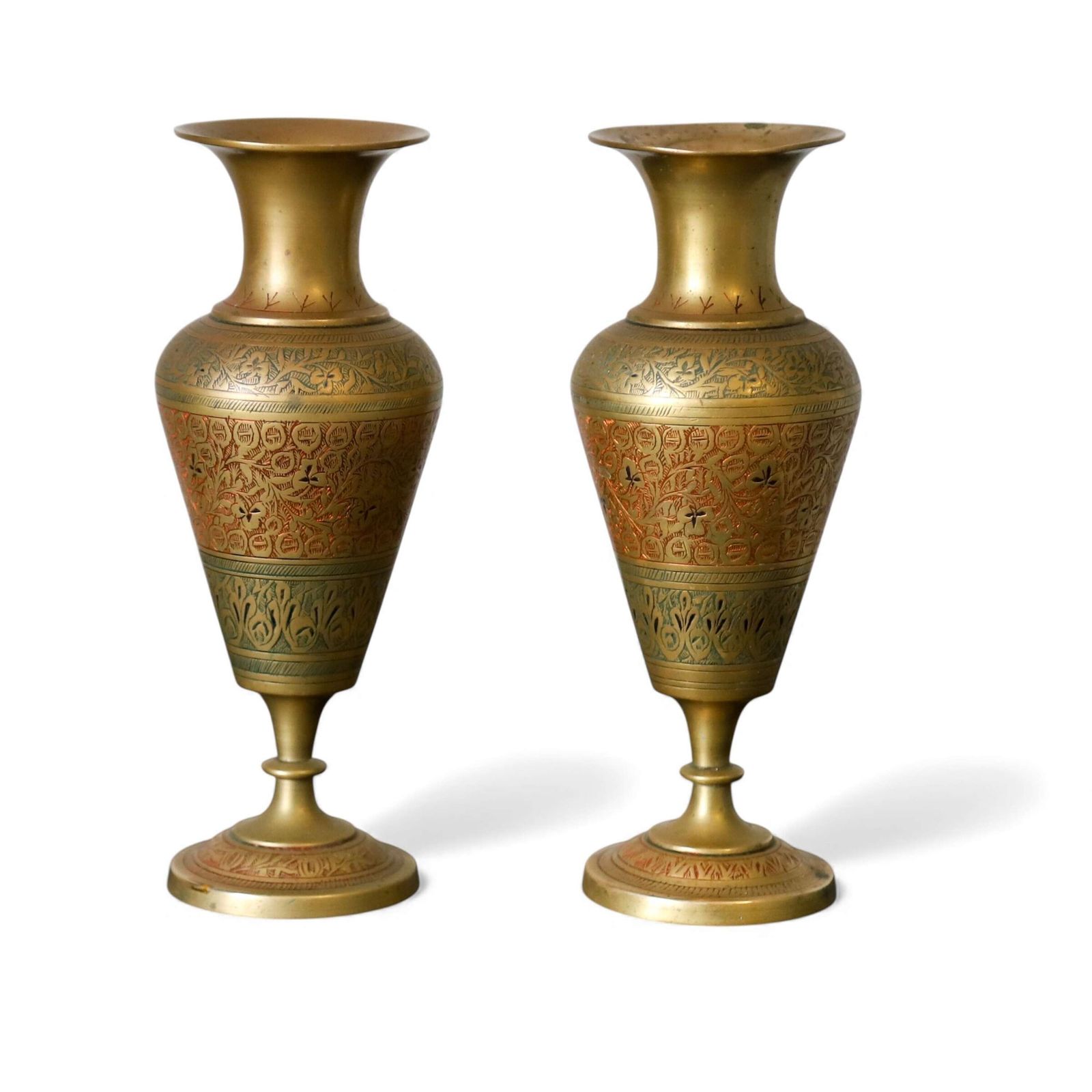 Pair Of Mid 20th Century Hand Engraved Brass Vases   Decorative Indian Metalwork
