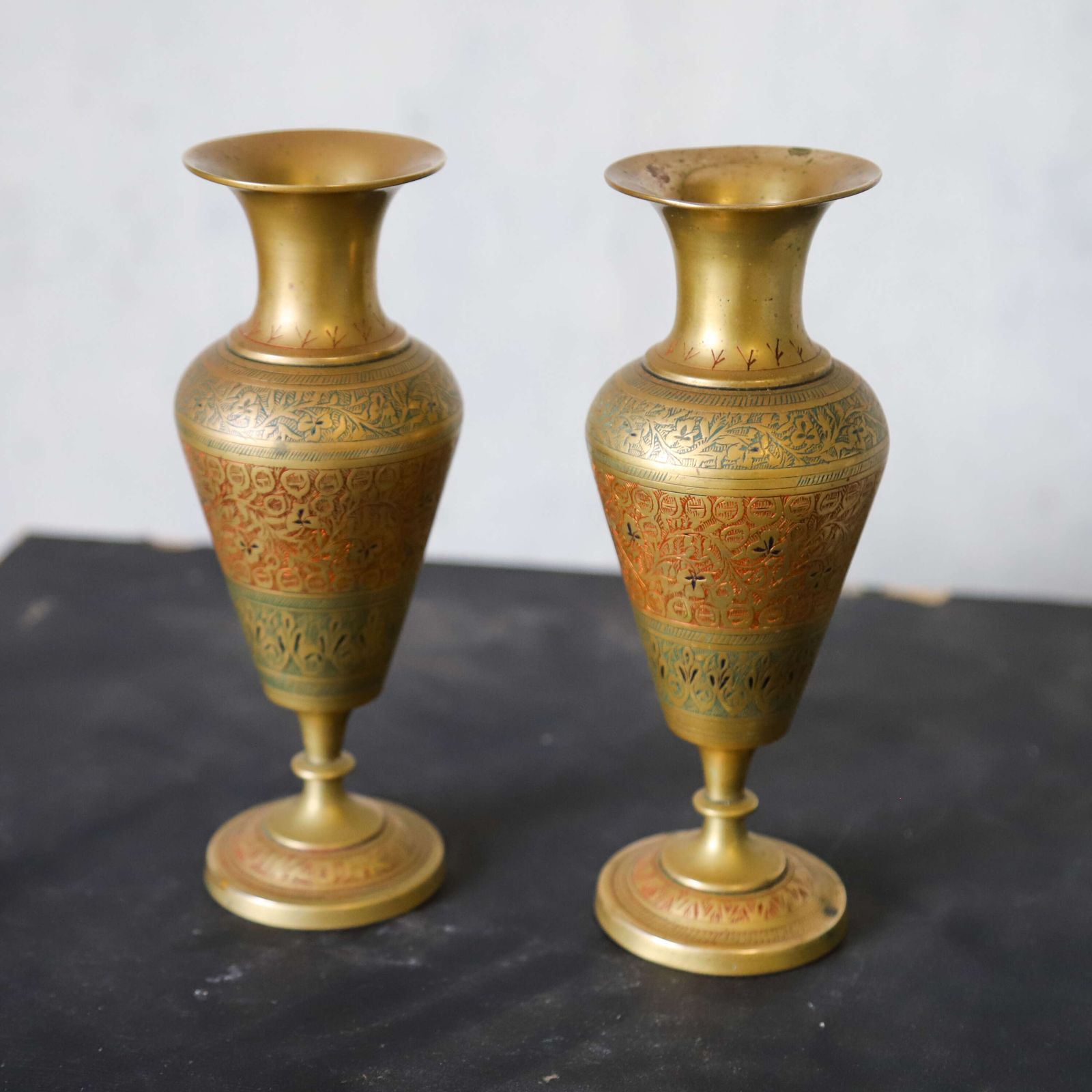 Pair Of Mid 20th Century Hand Engraved Brass Vases   Decorative Indian Metalwork photo for sale