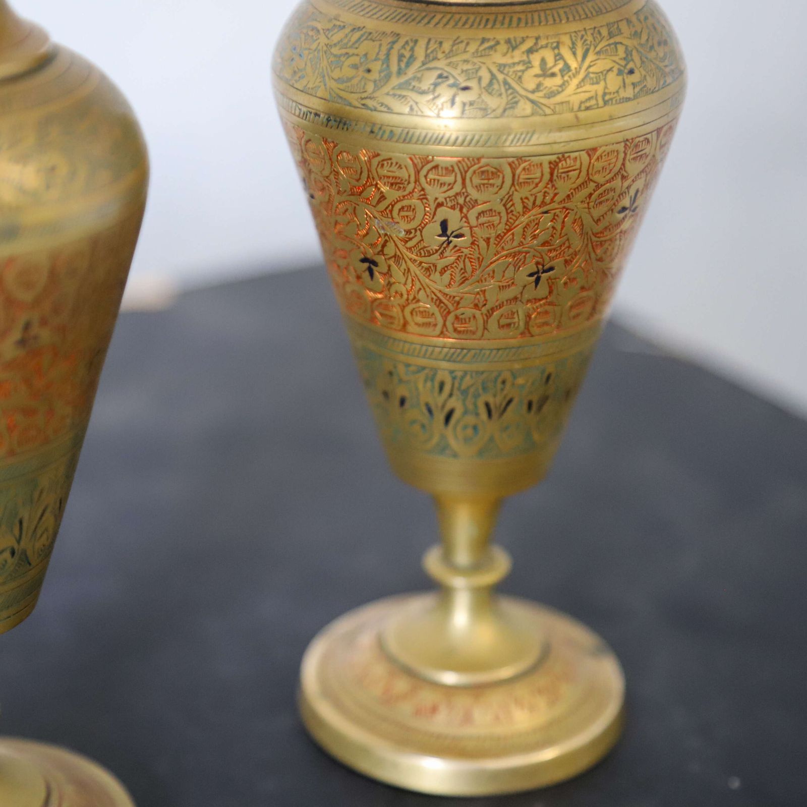 Pair Of Mid 20th Century Hand Engraved Brass Vases   Decorative Indian Metalwork photo buy