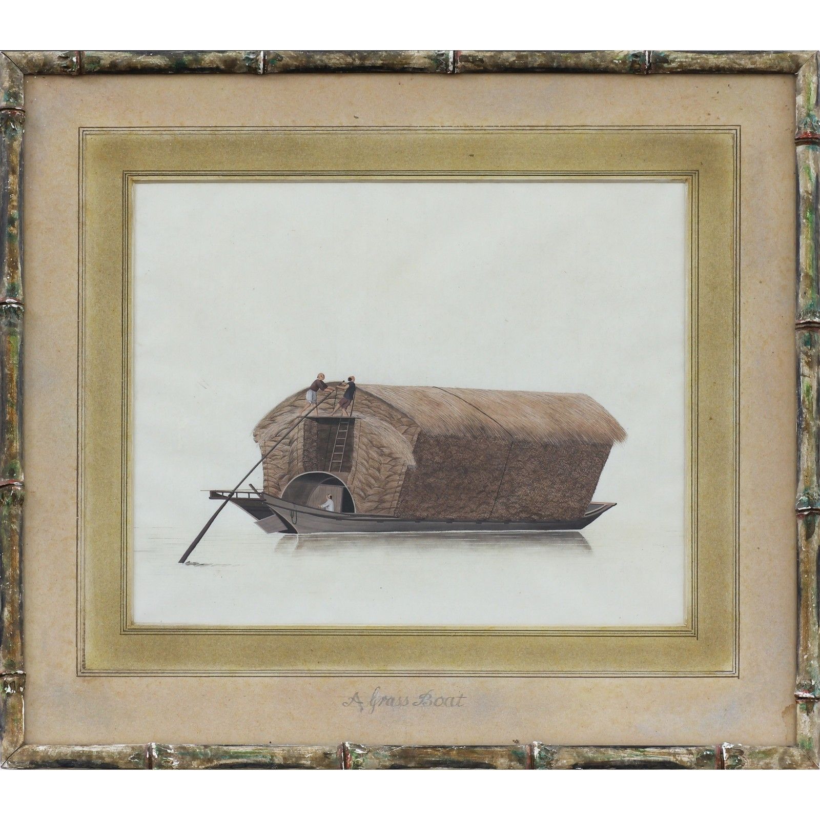 19th Century Chinese Watercolour On Paper. Titled "A Grass Boat"