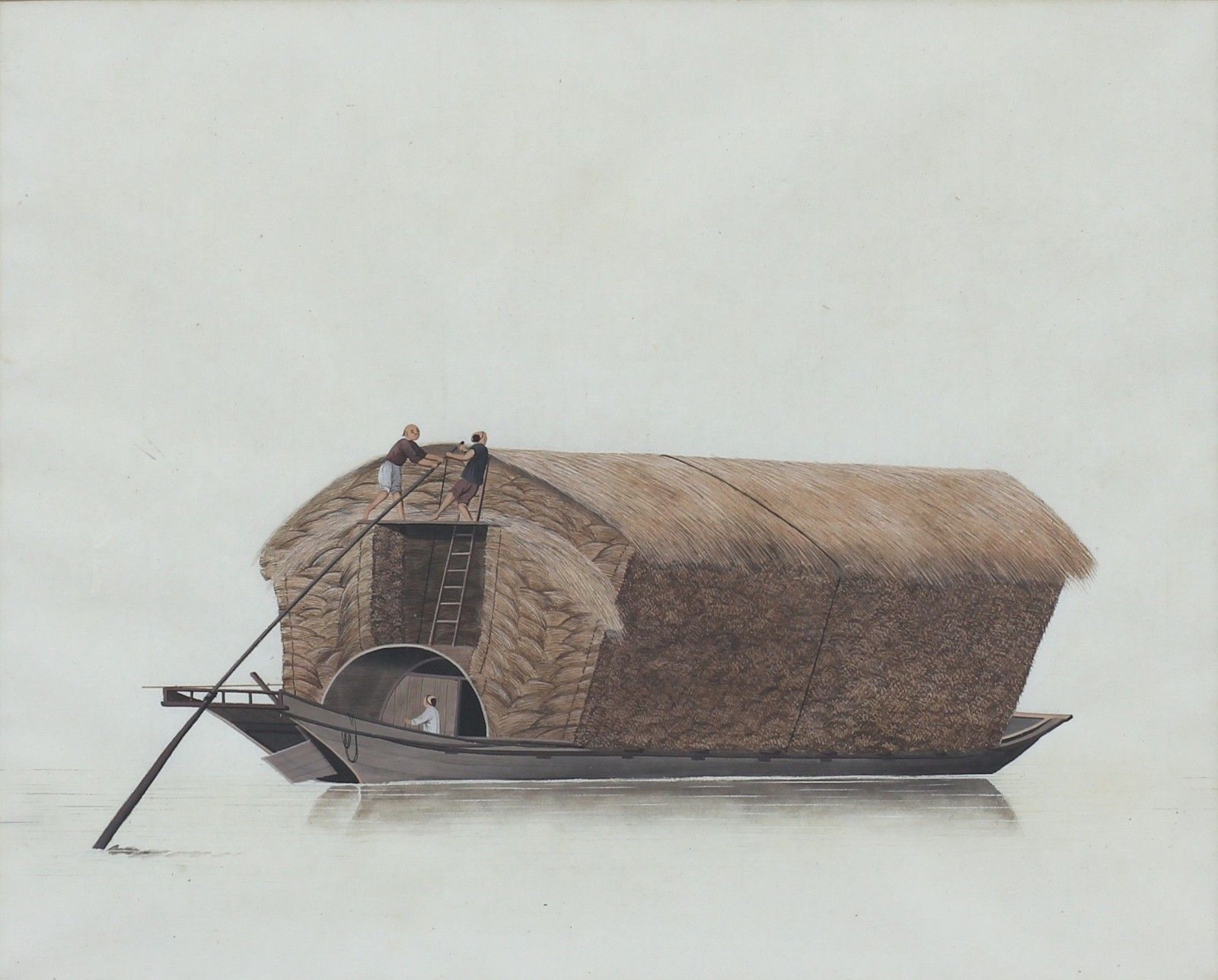 19th Century Chinese Watercolour On Paper. Titled "A Grass Boat" photo furniture