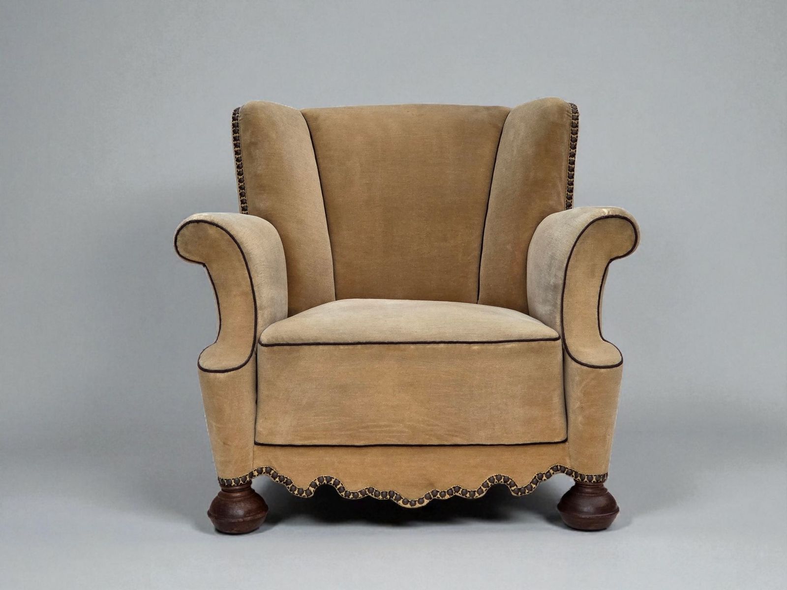 1950s, Danish Relax Chair, Furniture Velour With Patina, Oak Wood Legs.