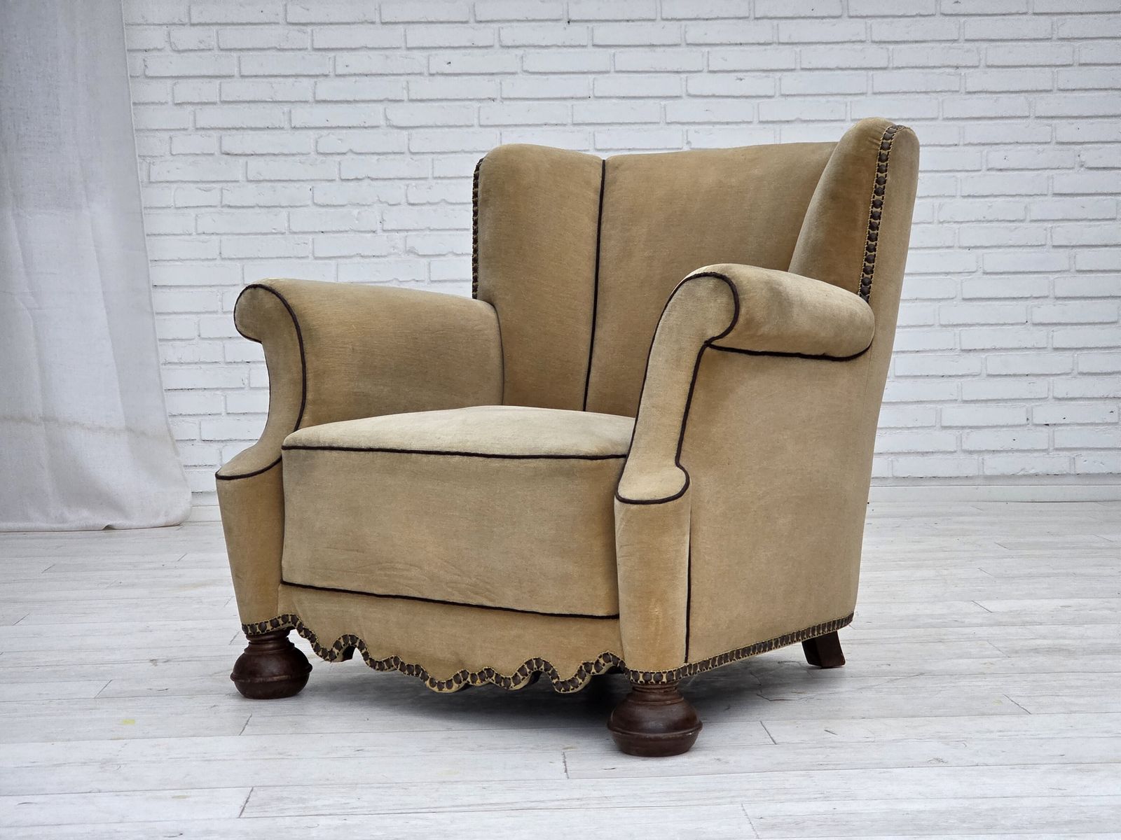 1190.0 1950s, Danish Relax Chair, Furniture Velour With Patina, Oak Wood Legs. photo