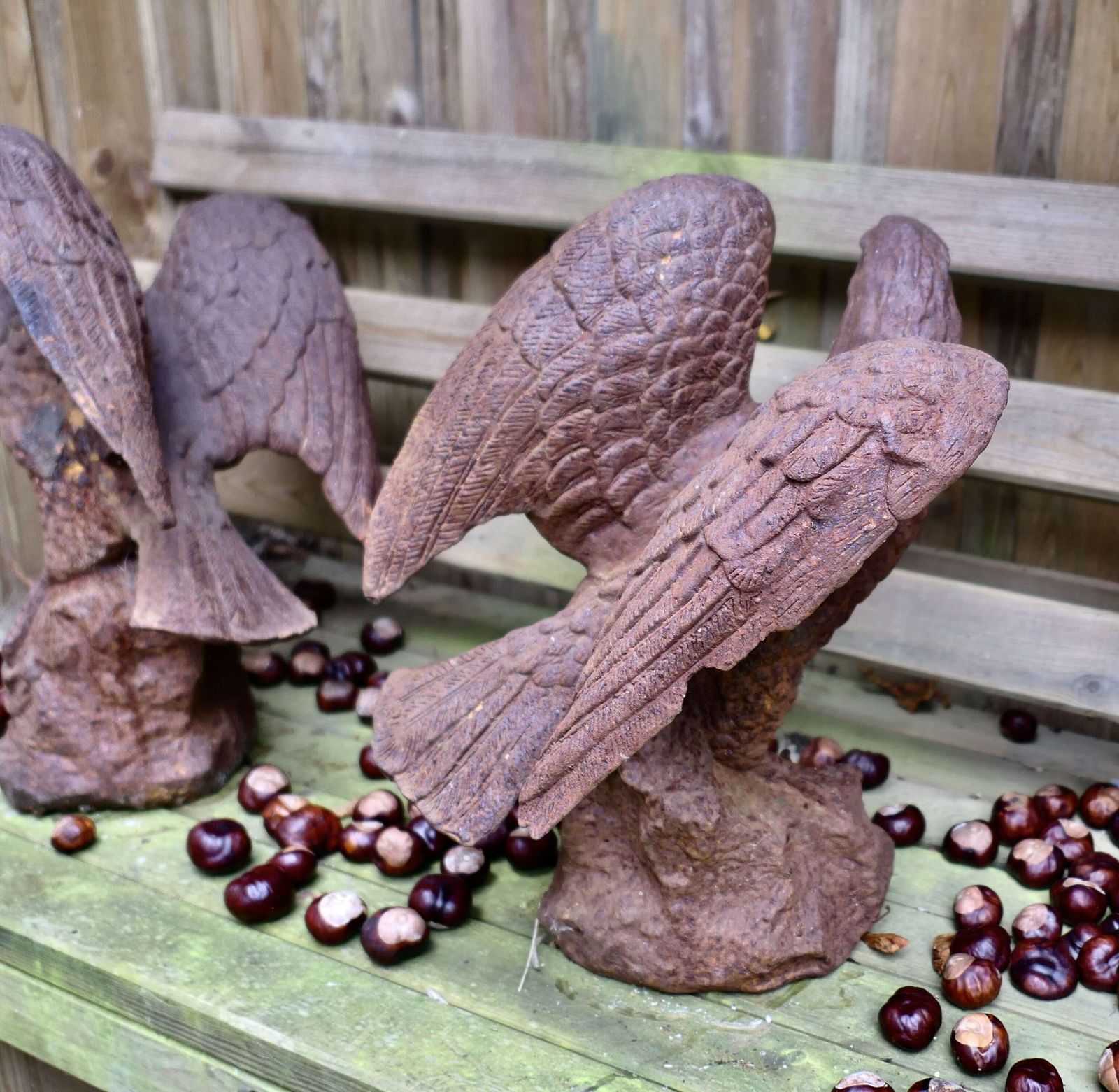 2 Old Weathered Cast Iron Eagle Statues. photo vinterior