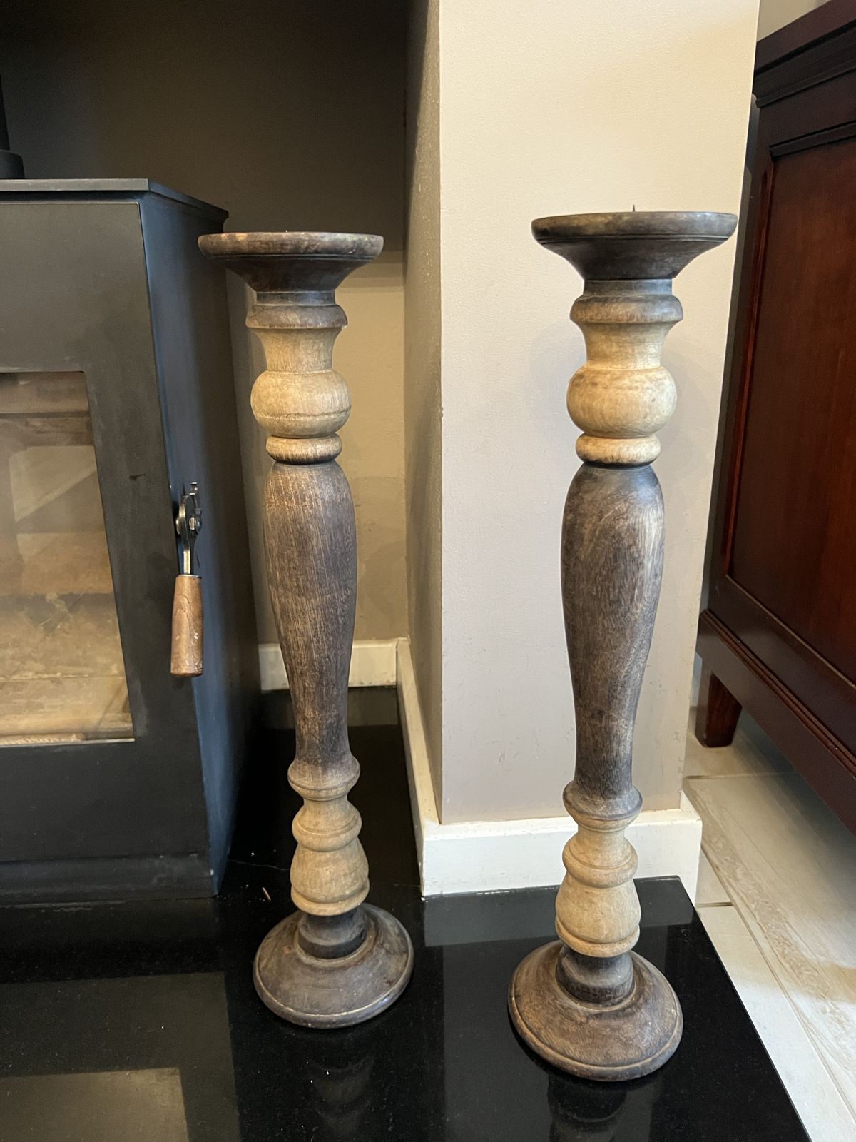 Pair Of Vintage European Wooden Pillar Candle Holders photo furniture