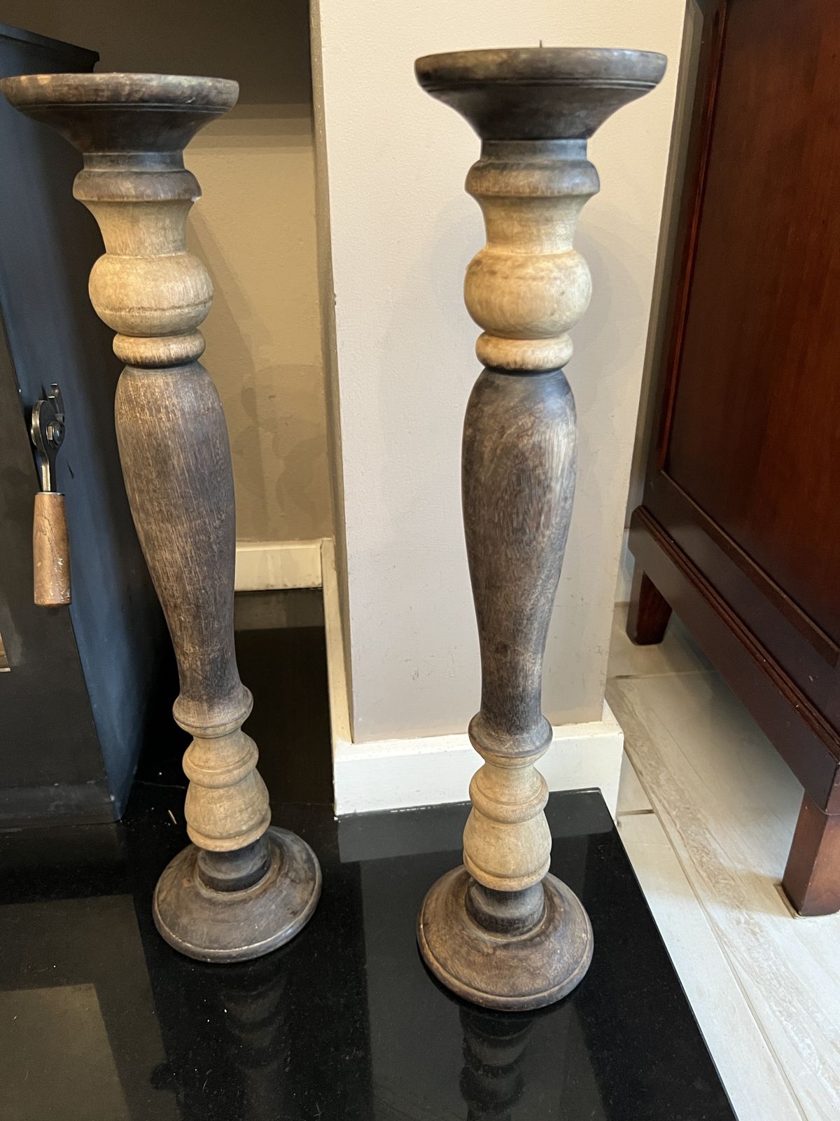 Pair Of Vintage European Wooden Pillar Candle Holders photo vintage