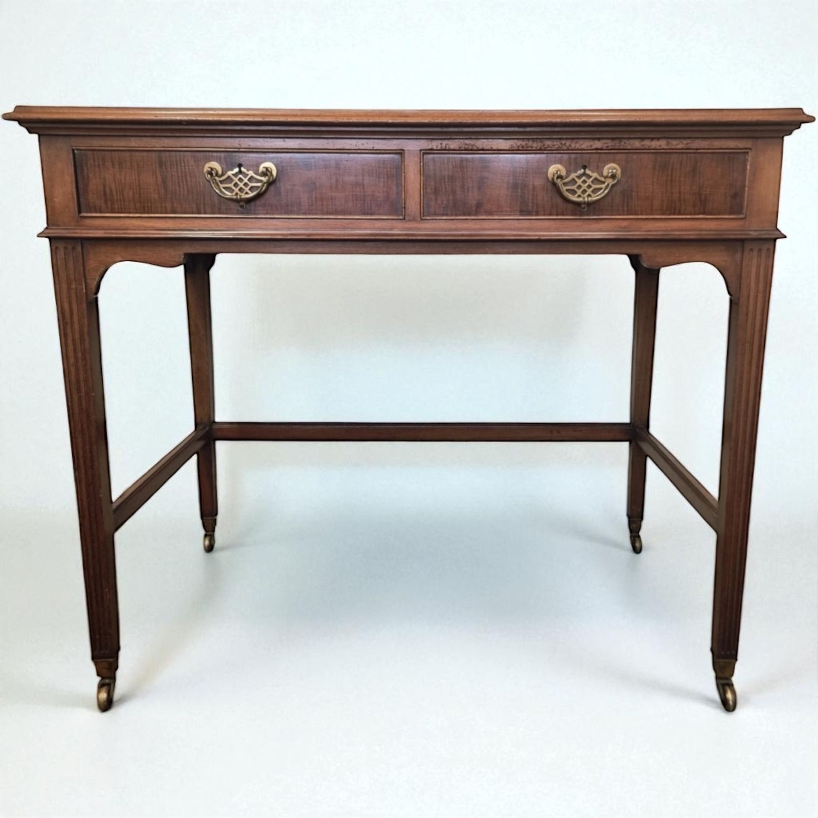 Stamped Gillows Of Lancaster Victorian Inlaid Mahogany Writing Desk On Brass Castors photo for sale