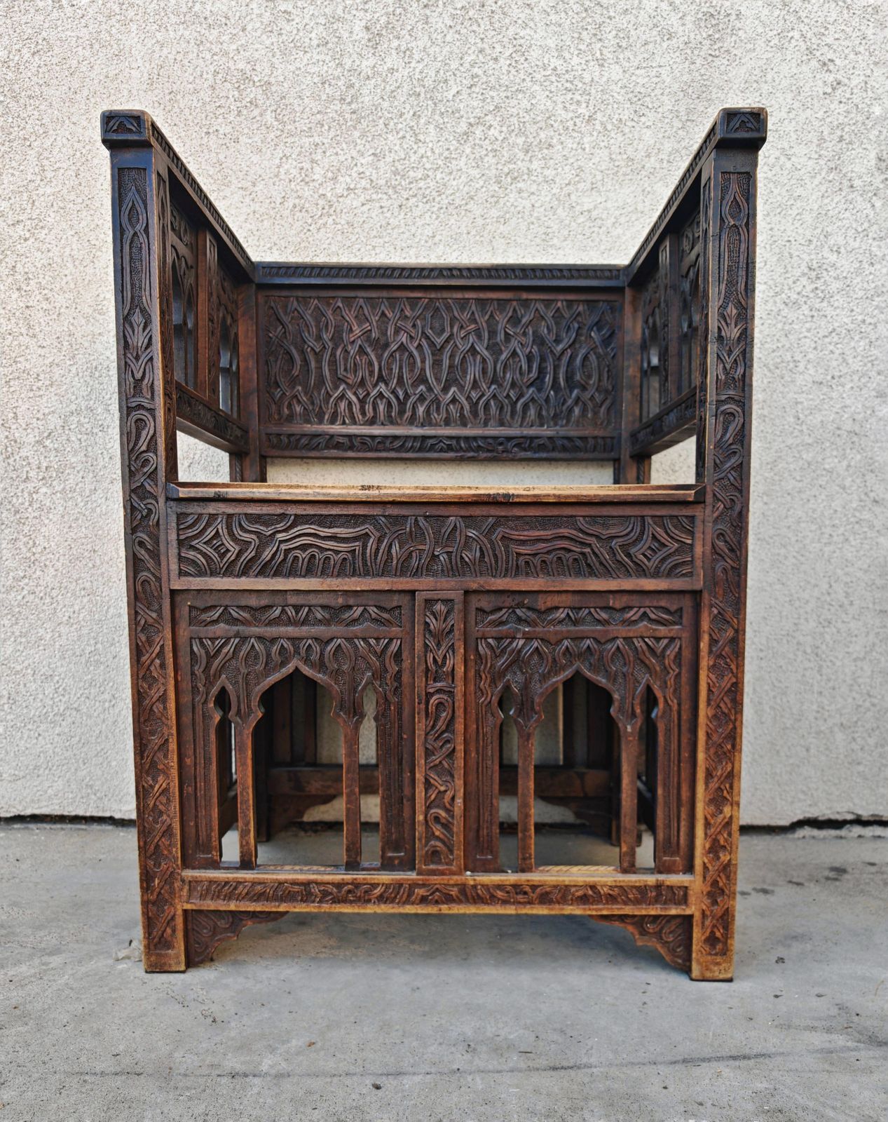Antique Hand Carved Moorish Armchair In Solid Oak, Spain 19th Century photo for sale