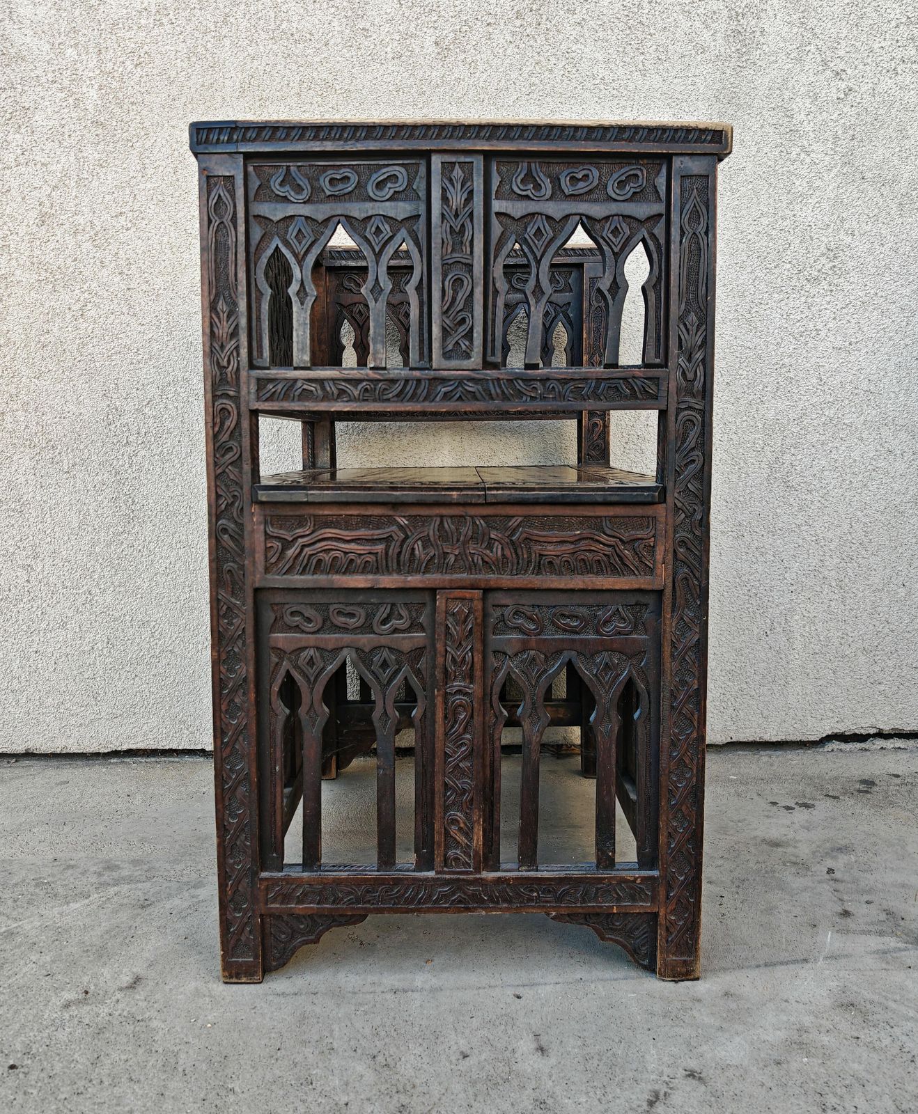 Furniture Antique Hand Carved Moorish Armchair In Solid Oak, Spain 19th Century photo