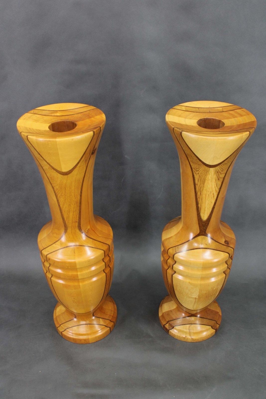 Pair Of Large Czechoslovakian Wooden Vases, Mixed Woods, 1960s photo for sale