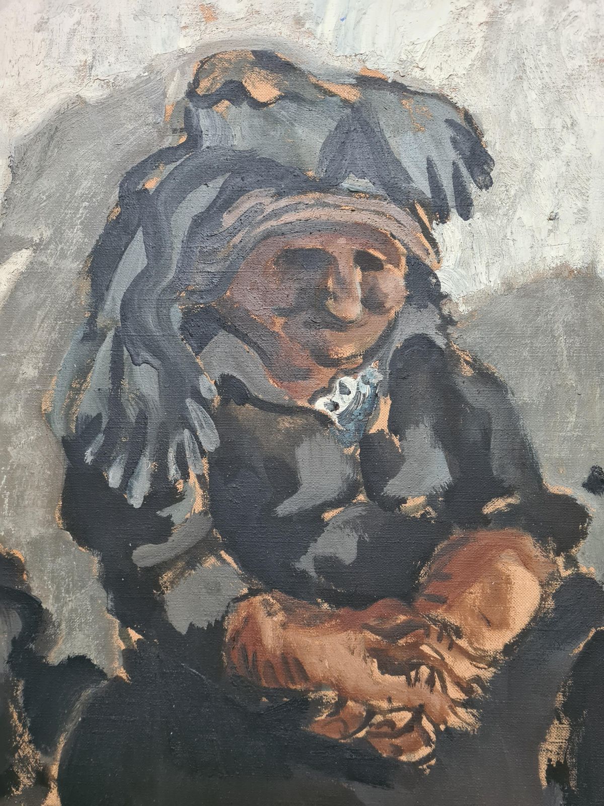 Jean Arène, Large Mid Century French Expressionist Double Portrait, The Knitter, Letricoteur From 1962 photo Art