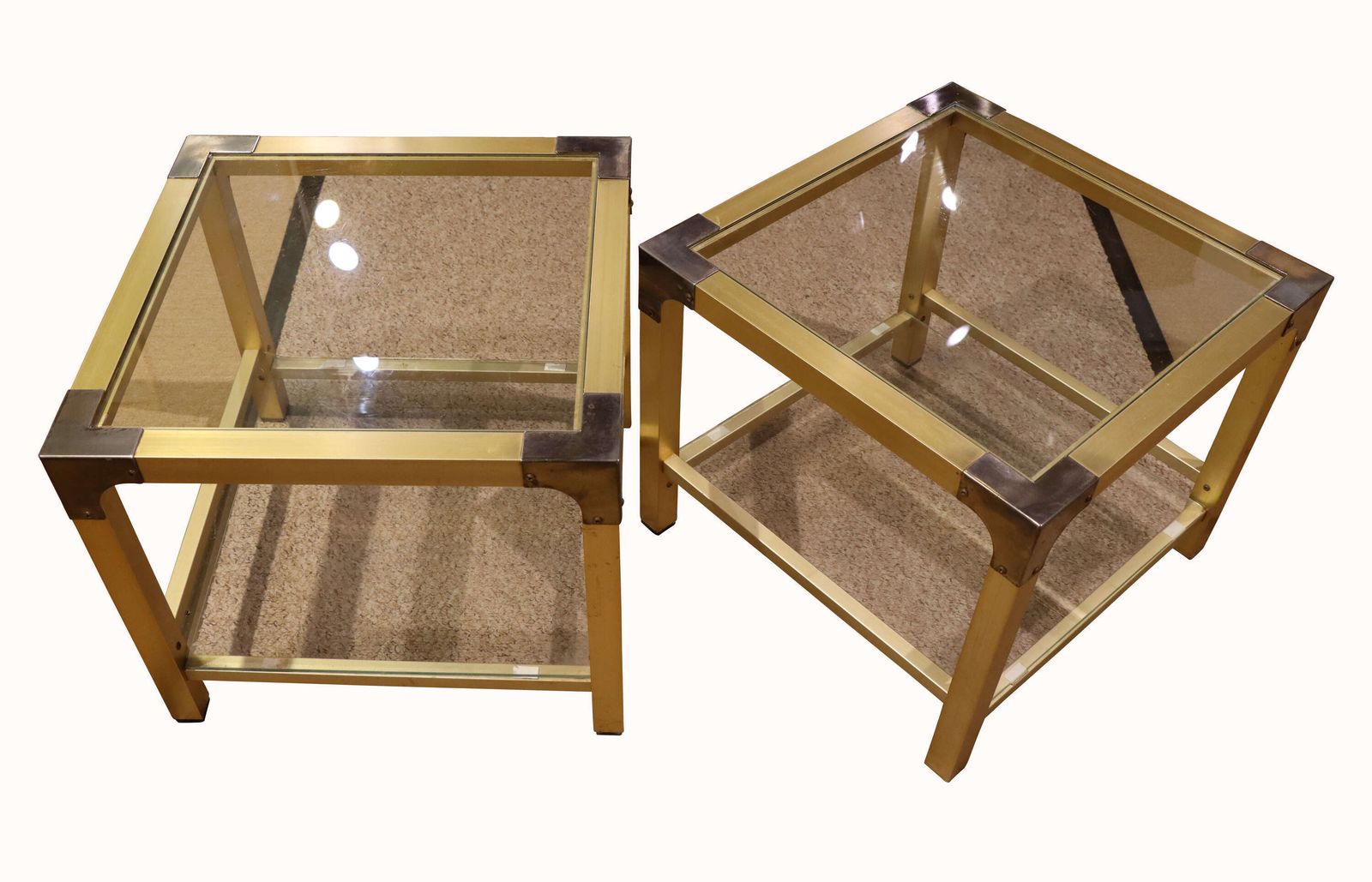 Pair Of Mid 20th Century Brass And Glass Two Tier Tables