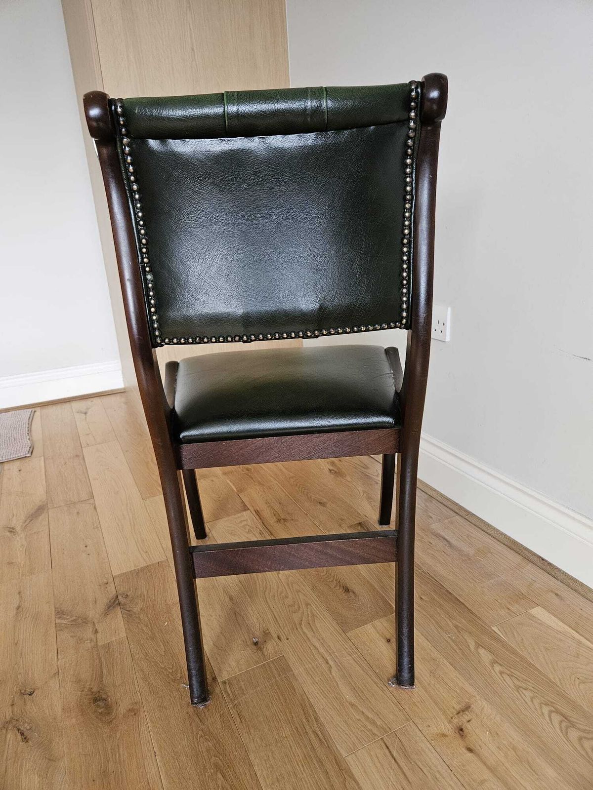 Vintage Dark Wood & Deep Green Leather Button Back Chesterfield Dining Chair photo for sale