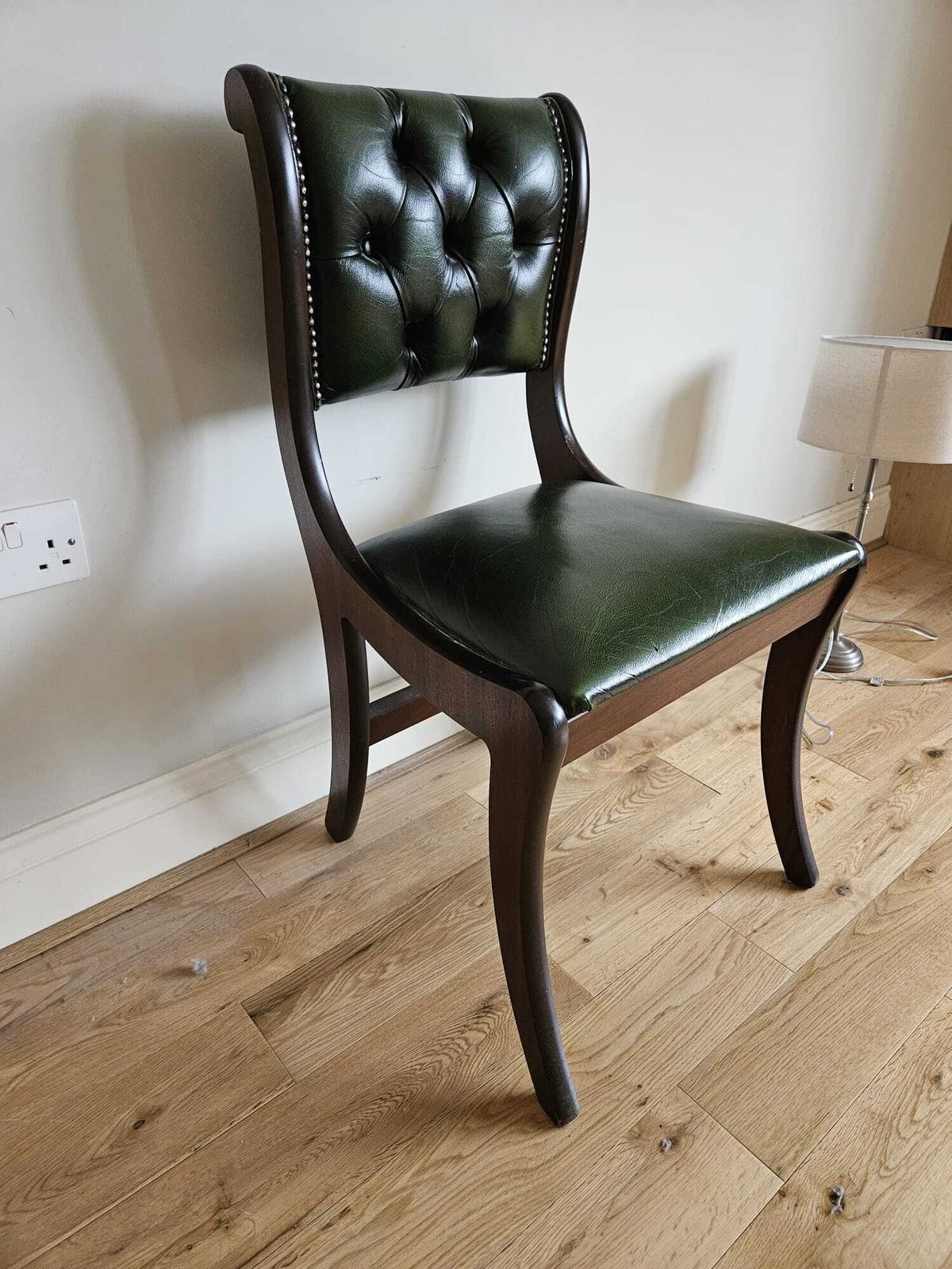 Vintage Dark Wood & Deep Green Leather Button Back Chesterfield Dining Chair photo vinterior