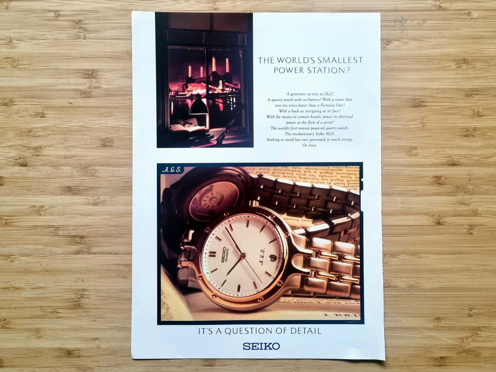 Seiko Ags 1980s Magazine Advertisement, Luxury Watch Ephemera, Quartz Kinetic Tech, Approx. 11 × 8 In, “The World’s Smallest Power Station?”