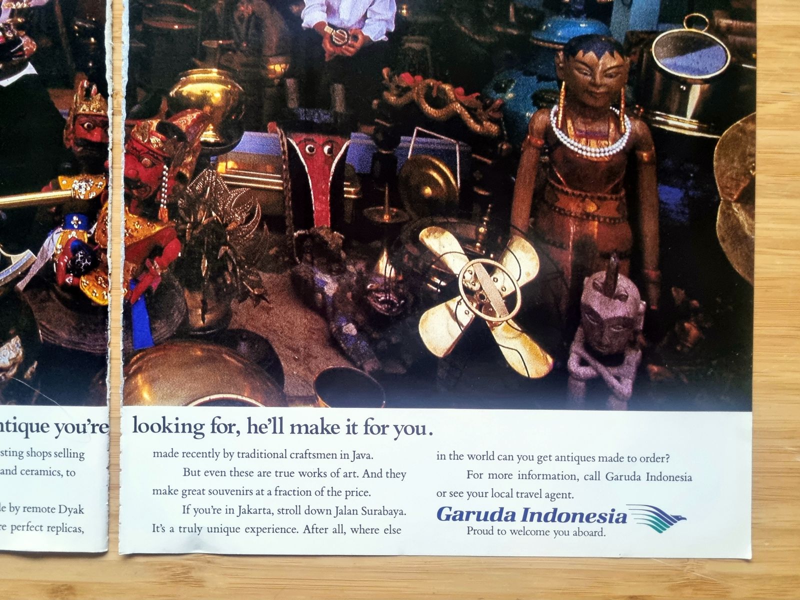 Garuda Indonesia Antique Market Ad, Jakarta Jalan Surabaya Flea Market, Double Page Airline Advertisement, 1980s Travel Ephemera, 16 × 11 In photo vinterior